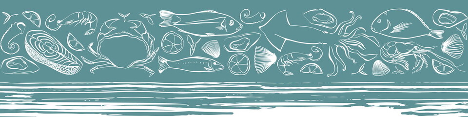Seafood vector seamless border with marine life animals. Lined pattern. Vector hand drawn illustration.