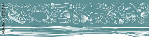 Fotomural Seafood vector seamless border with marine life animals