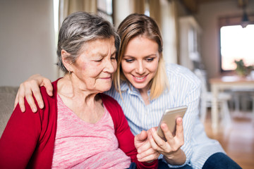 Wall Mural - Elderly grandmother and adult granddaughter with smartphone at home.