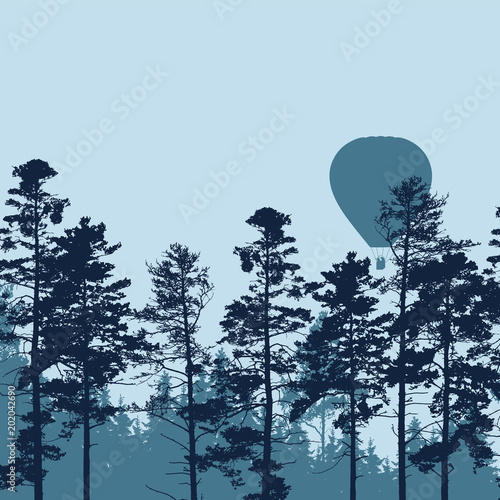 Vector Illustration Of Hot Air Balloon Flying Over Forest