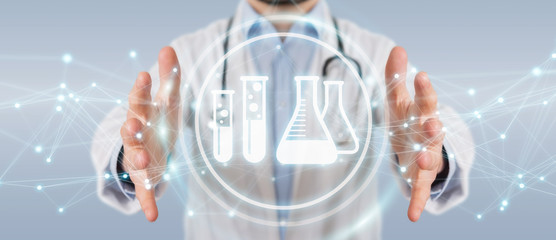 Poster - Doctor holding digital analysis result icons 3D rendering