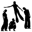 Vector black silhouette of a young girl in wide trousers in different angles, full length with an arm outstretched, on a white background isolated