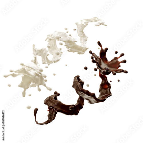 Chocolate And Milk Splash Spiral With Droplets Isolated 3d