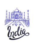 Fototapeta Londyn - Travel. Design for the tourism industry. On a trip to India. The City Of Agra. Lettering. Sketch Of The Taj Mahal. Vector illustration.