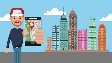 Wall Mural - Man using GPS app from smartphone at city cartoons High definition coloful animation scenes