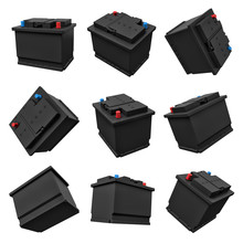 3d Rendering Of A Set Of Nine Black Car Batteries Hanging In The Air In Different Angles.