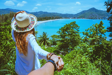 Asian lover couple woman and man travel nature. Travel relax. sea In the summer. Thailand