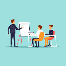 Business Training, Courses, Office Life, Meeting. Flat Design Vector Illustration.
