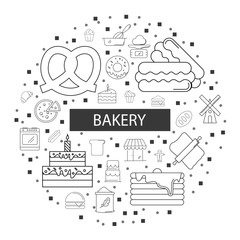 Poster - Bakery background from line icon. Linear vector pattern