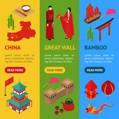 Poster - China Touristic Banner Vecrtical Set Isometric View. Vector