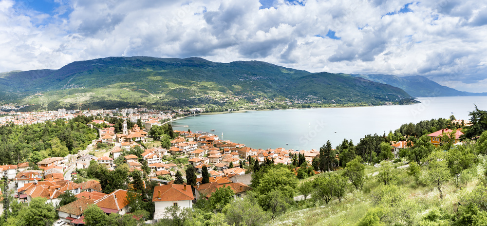 Panoramic view on new town city of Ohrid in Macedonia. Ohrid and Lake ...