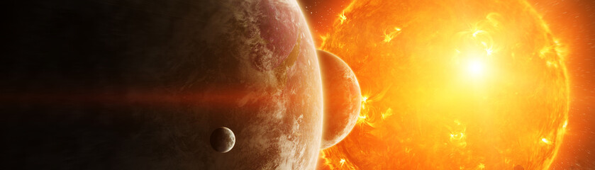 Wall Mural - exploding sun in space close to planet 3d rendering elements of this image furnished by nasa