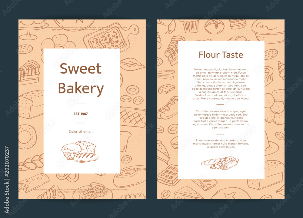 Vector card template illustration with hand drawn doodle bakery ...