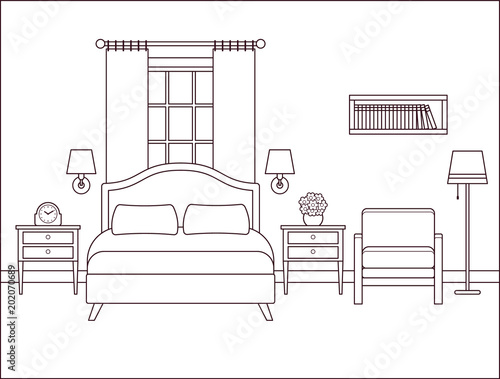 Bedroom Interior Hotel Room With Bed And Window Vector