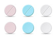 Set of white, blue and pink round medicine pills of various kinds, isolated vector on white background
