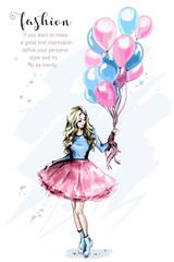 Hand drawn beautiful young woman with colorful balloons. Fashion blond hair woman. Stylish girl. Sketch.