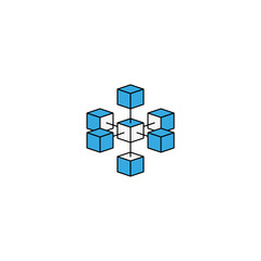 Logo blockchain technology connected isometric geometric cubes blocks shape line icon. Cryptocurrency data icon design. Innovation tech business sign.