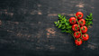 Cherry tomatoes on a twig. Top view. On a black wooden background. Copy space.