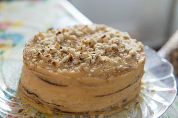 Close up of a home cake on table.