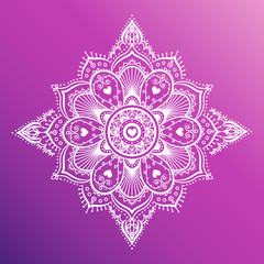 Wall Mural - Round white mandala on dreamy gradient background. Vector hipster design in violet and pink colors. Mandala with floral patterns. Yoga template