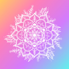 Wall Mural - Round white mandala on dreamy gradient background. Vector hipster design in violet and pink colors. Mandala with floral patterns. Yoga template