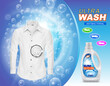 Vector promotion banner of liquid detergent for laundry or stain remover in plastic bottle, with white clean shirt on blue background with soap bubbles. Cleaning concept, mockup for brand advertising