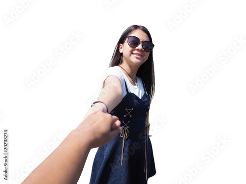 Fotografía Smiling Asian cute girl with long hair pulling her friend hand isolated on white background