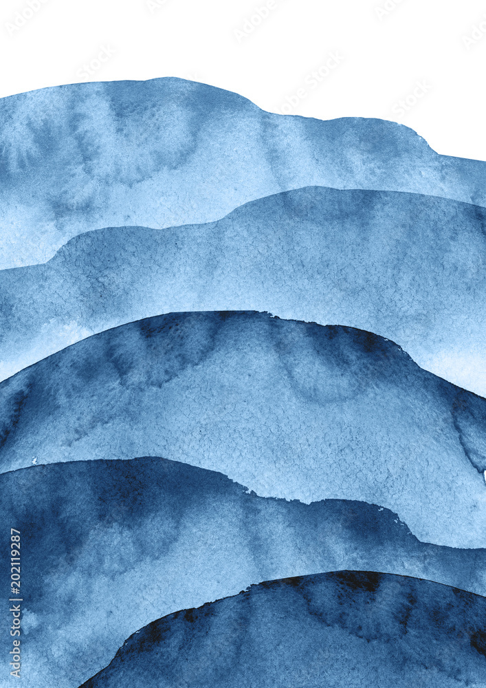 Watercolor line of blue paint, splash, smear, blot, abstraction. Used for a variety of design and decoration. Strokes of paint, lines, splash. Horizontal line,background. Blue sea, Hill