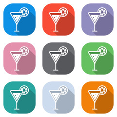 Wall Mural - cocktail with lemon slice icon. Set of white icons on colored squares for applications. Seamless and pattern for poster