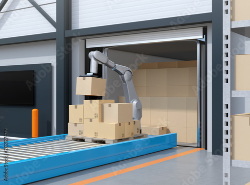 Fotografía Industry robot picking parcels from truck cargo container