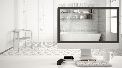 Architect house project concept, desktop computer on white work desk showing classic bathroom, CAD sketch interior design in the background