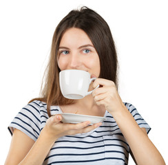 Canvas Print - Young woman holding a mug with a hot drink isolated on white background