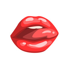 Canvas Print - Red female mouth with glossy lips and sticking out tongue vector Illustration on a white background