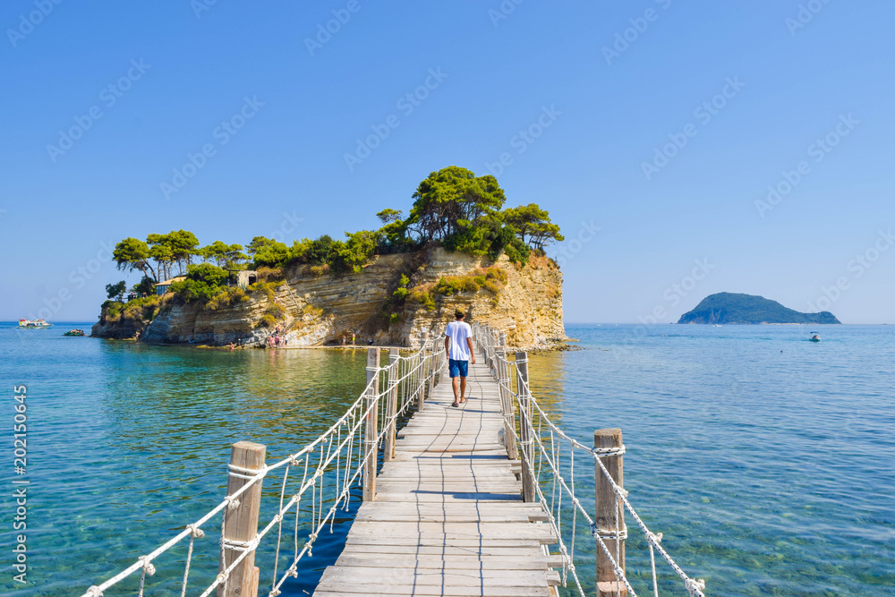 Obraz na płótnie Bridge to the small island Cameo, Zakynthos, Greece. w salonie
