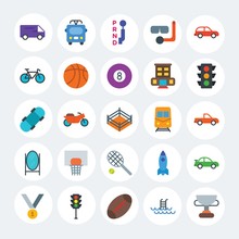 Modern Simple Set Of Transports, Hotel, Sports Vector Flat Icons. Contains Such Icons As  Freight,  City,  Spaceship,  Winner,  Bike And More On White Cricle Background. Fully Editable. Pixel Perfect.