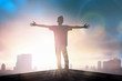 Happy man rise hand on morning view. Christian inspire praise God on good friday background. 