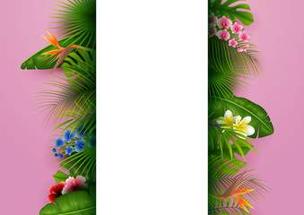 Wall Mural - Green summer with tropical leaves and flowers. Vector pink background