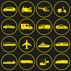 Wall Mural - Transportation icons set. City cars and vehicles transport. Car, ship, airplane, train, motorcycle, helicopter. Silhouettes. Vector