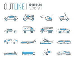 Wall Mural - Transportation icons set. City cars and vehicles transport. Car, ship, airplane, train, motorcycle, helicopter. Outline icons. Vector