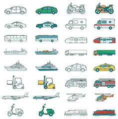 Wall Mural - Transportation icons set. City cars and vehicles transport. Car, ship, airplane, train, motorcycle, helicopter. Outline icons. Vector