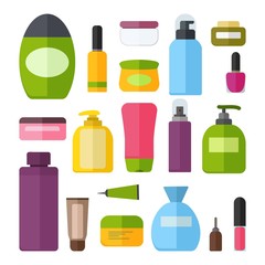 Set of vector colorful cosmetic bottles. Tubes and vials cosmetics. Tools for beauty and cleanser, skin and body care, toiletres. Cream, shampoo, gel, spray and soap. Vector illustrtaion