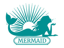 Mermaid Silhouette And Sun Label Design
