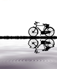 Wall Mural - silhouette vintage bike and water reflection on white background.