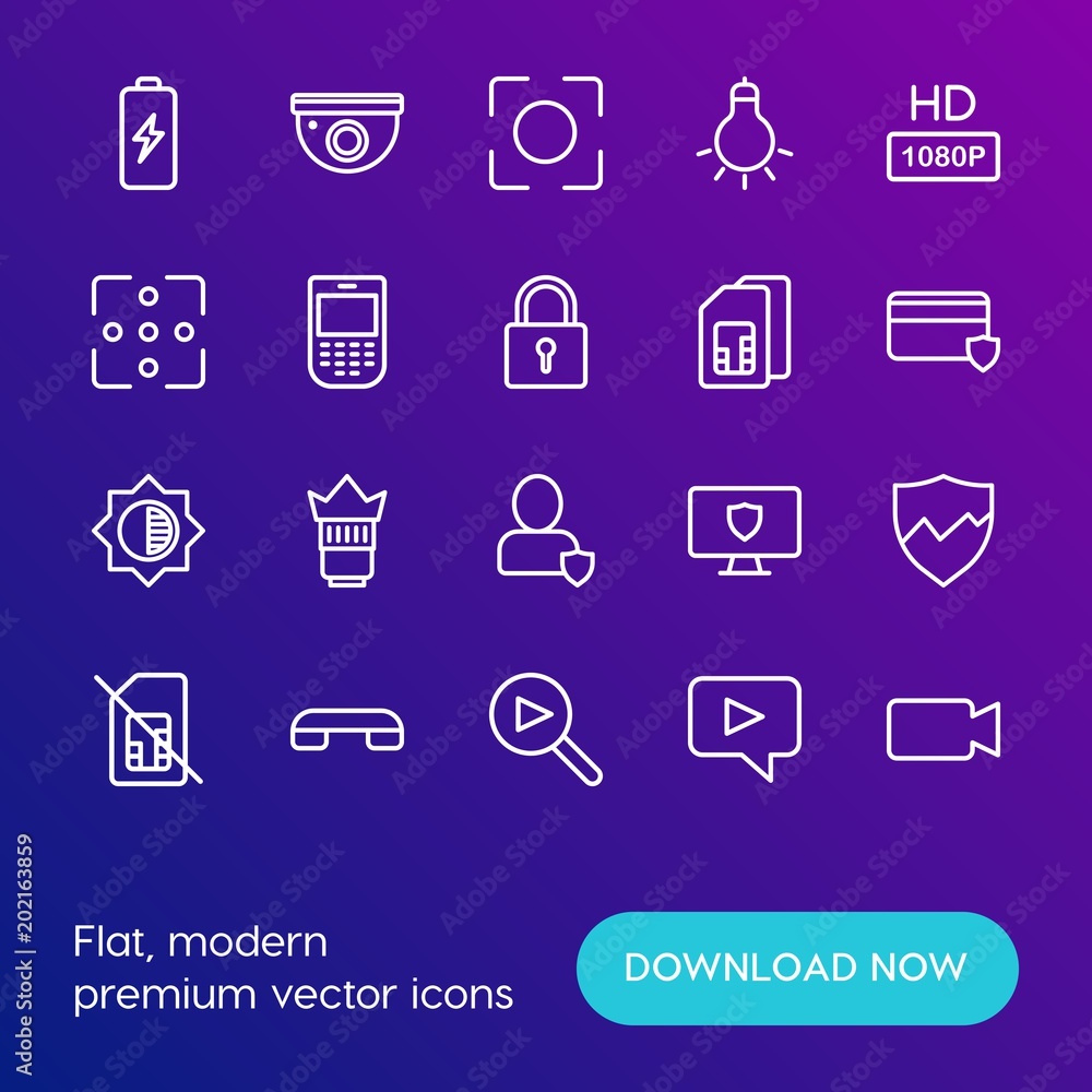Modern Simple Set of mobile, security, video, photos Vector outline ...