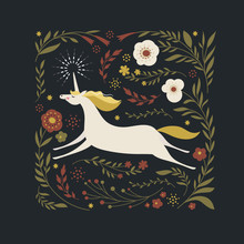 Unicorn Vector  Illustration With Flowers,decorative Element