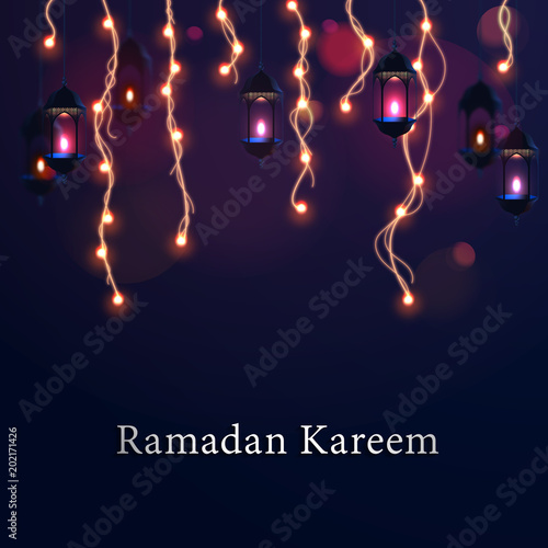 Ramadan Kareem With Lantern And Abstract Lights Vector With