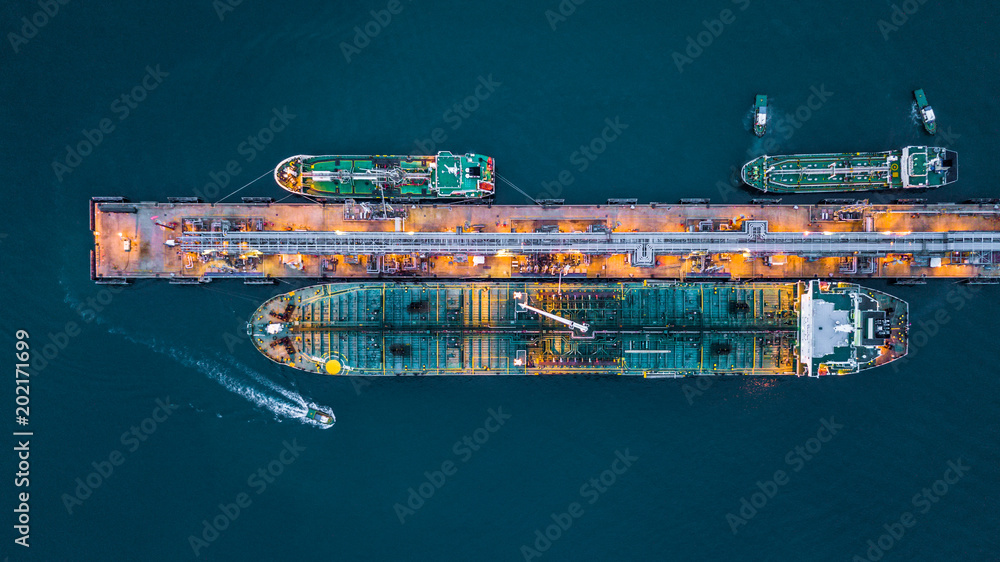 Aerial top view of oil tanker ship at the port, Aerial view oil ...