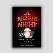 Movie Night Concept.Creative Template For Cinema Poster, Banner With Marquee Lights.