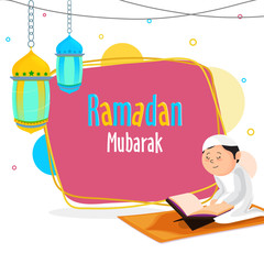 Sticker - Ramadan Mubarak concept with young Islamic kid reading holy islamic book Quran, and hanging colorful lanterns on abstract background.