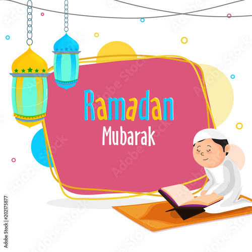 Ramadan Mubarak Concept With Young Islamic Kid Reading Holy Islamic Book Quran And Hanging Colorful Lanterns On Abstract Background Buy This Stock Vector And Explore Similar Vectors At Adobe Stock